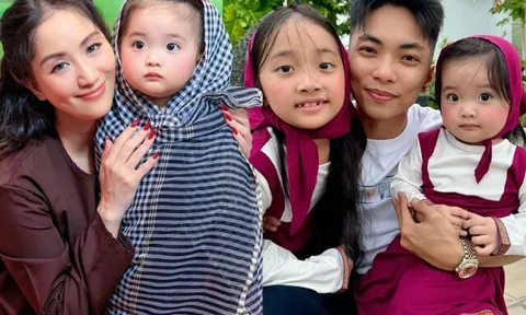 Ái nữ Khánh Thi xinh như búp bê "lên đồ" đón lễ 30/4, Phan Hiển ngắm 3 con háo hức chờ vợ sinh thêm