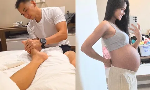 H'Hen Niê sung sướng được chồng xoa bóp chân, không ngại khoe rõ đường chỉ đen trên bụng bầu 9 tháng
