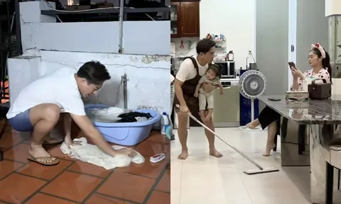 Chồng Thanh Trúc đi làm về ngồi giặt quần áo cho vợ, "bố bỉm sữa" bận bế bồng con gái vẫn chăm việc nhà