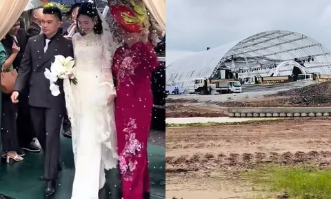 Đỗ Thị Hà và thiếu gia Viết Vương đội mưa làm lễ thành hôn, rạp cưới lớn nhất Quảng Trị bị rách do bão số 12