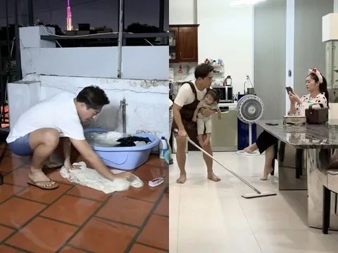 Chồng Thanh Trúc đi làm về ngồi giặt quần áo cho vợ, "bố bỉm sữa" bận bế bồng con gái vẫn chăm việc nhà